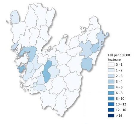 Kartbild vecka 25 över Västra Götaland som visar antal fall per 10 000 invånare (färgskala).