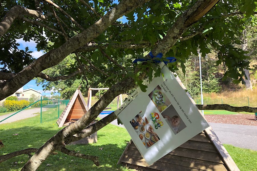 Tipspromenad ute på gården på Inspiratörens förskola. I ett träd hänger en lapp med en fråga.  