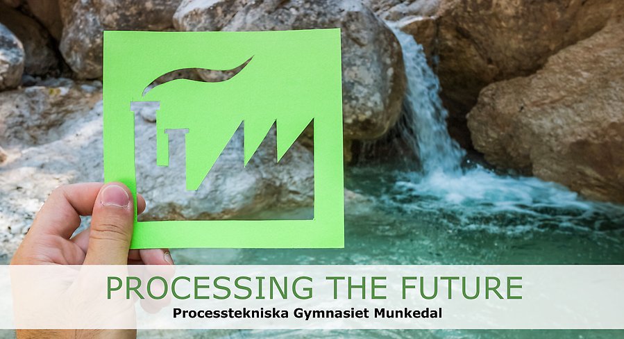 Bild på hand som håller ett grönt papper med fabrikssymbol. Text: Proccesing the future. 