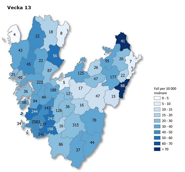 Kartbild vecka 14 över Västra Götaland som visar antal rapporterade smittfall med covid-19 per kommun (siffror) - samt antal fall per 10 000 invånare (färgskala).