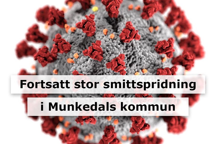 Bild på coronavirus med texten "Fortsatt stor smittspridning i Munkedals kommun"