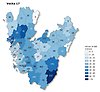 Kartbild vecka 17 över Västra Götaland som visar antal rapporterade smittfall med covid-19 per kommun (siffror) - samt antal fall per 10 000 invånare (färgskala)