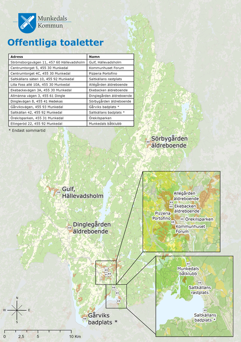 Karta över Munkedals kommun med utmärkta platser där det finns offentliga toaletter. På kartan finns även adresser till platserna.