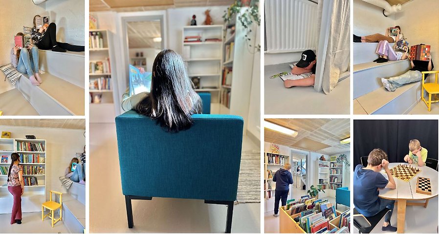 Ett collage av bilder som visar en mysig miljö i ett skolbibliotek där flera barn läser och spelar spel tillsammans.