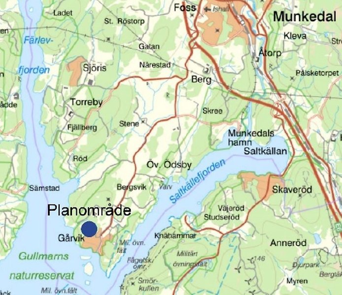 Karta över Munkedal där området Lökeberg Gårvik är utpekat med en ring. 