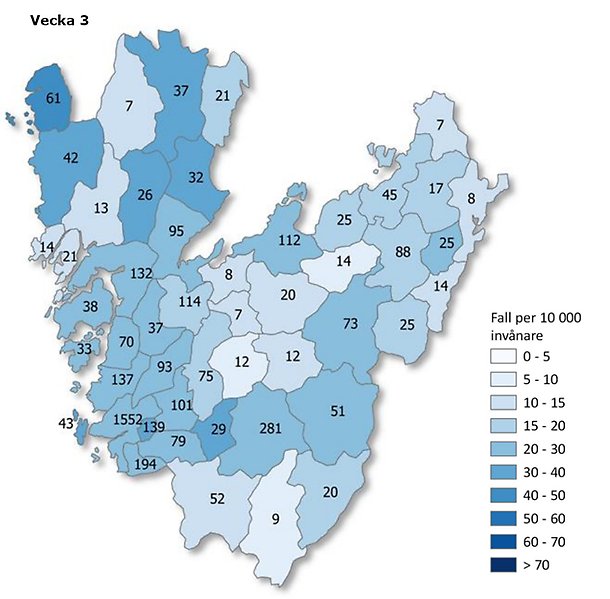 Kartbild vecka 3 över Västra Götaland som visar antal rapporterade smittfall med covid-19 per kommun (siffror) - samt antal fall per 10 000 invånare (färgskala).
