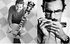 Svartvitt tvådelat foto med bilder på två män. En som håller i en gitarr och en som spelar på ett munspel.