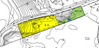 Illustration, karta, över fastigheten. På bilden syns svarta linjer om bildar höjdkurvor och tomtgränser. Det aktuella området markeras i gult och grönt.