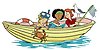 Tecknad bild på tre barn i en roddbåt som fiskar krabbor.
