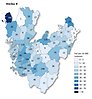 Kartbild vecka 4 över Västra Götaland som visar antal rapporterade smittfall med covid-19 per kommun (siffror) - samt antal fall per 10 000 invånare (färgskala)
