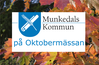 Bild på höstlöv i orangea och gula färger och en textruta med Munkedals kommun logga. I Textrutan står det också Munkedals kommun på Oktobermässan.