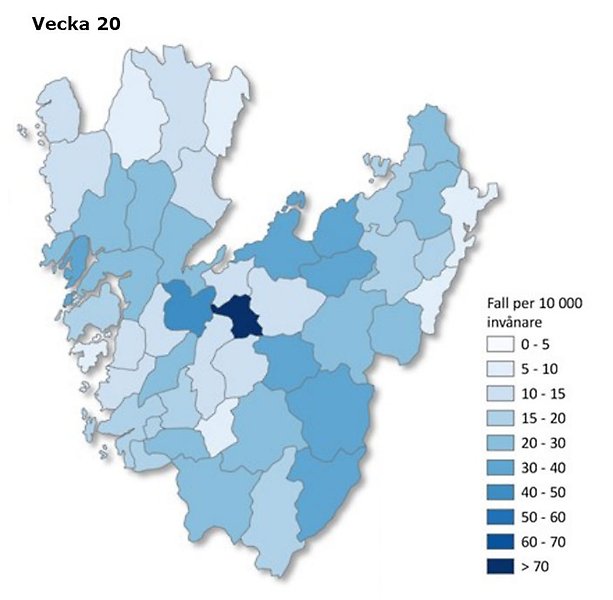 Kartbild vecka 20 över Västra Götaland som visar antal fall per 10 000 invånare (färgskala).