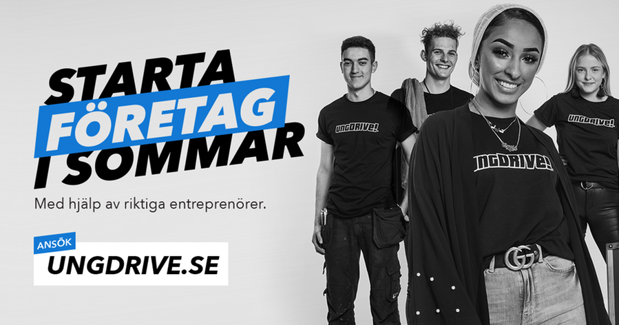 Bild med fyra leende ungdomar och texten "Starta företag i sommar"