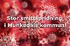 Bild med coronavirus och texten "Stor smittspridning i Munkedals kommun!"