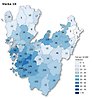 Kartbild vecka 10 över Västra Götaland som visar antal rapporterade smittfall med covid-19 per kommun (siffror) - samt antal fall per 10 000 invånare (färgskala).