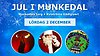 Mot en blå botten med snöflingor står det i vit text Jul i Munkedal Munkedals torg Kviströms gästgiveri Lördag 2 december. Under texten syns tre cirklar med olika bilder i: En eldkonstnär, tomten och en tecknad figur med hatt.