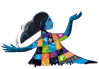 En tecknad flicka i blått och svart med en rutig klänning i olika färger.