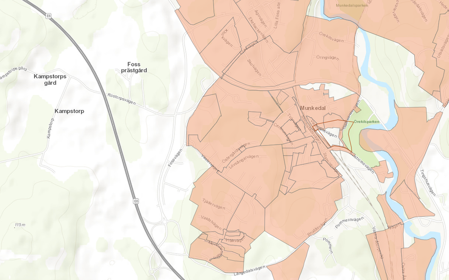 Bild på en digital karta som visar en del av Munkedals samhälle med invidliggande landsbygd.