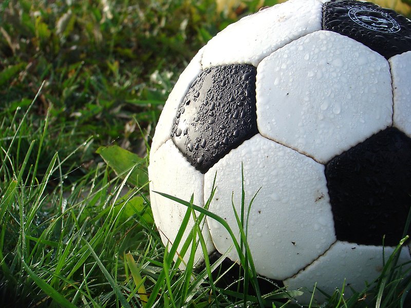 Närbild på en fotboll i gräs.