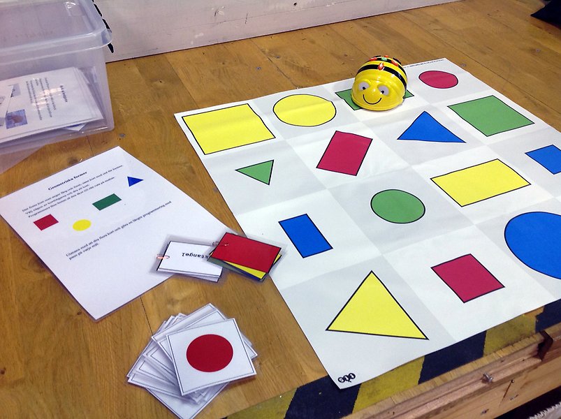 På ett bord ligger ett stort papper med olika geometriska symboler på i olika färger. På pappret står en liten robot i plast formad som ett bi. På bordet ligger också en trave kort.