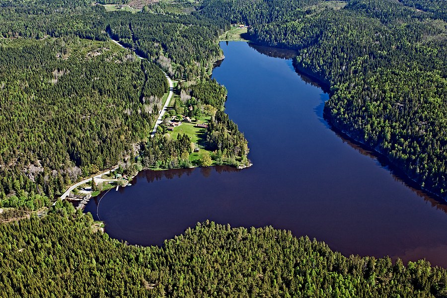 Flygfoto över en sjö som ser ut som ett hjärta omgiven av skog. Längs med sjöns vänstra kan går en landsväg.