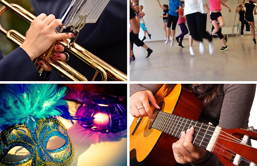 Collage av fyra bilder som visar trumpetspelande, dansande i grupp, gitarrspelande och en färgglad teatermask.