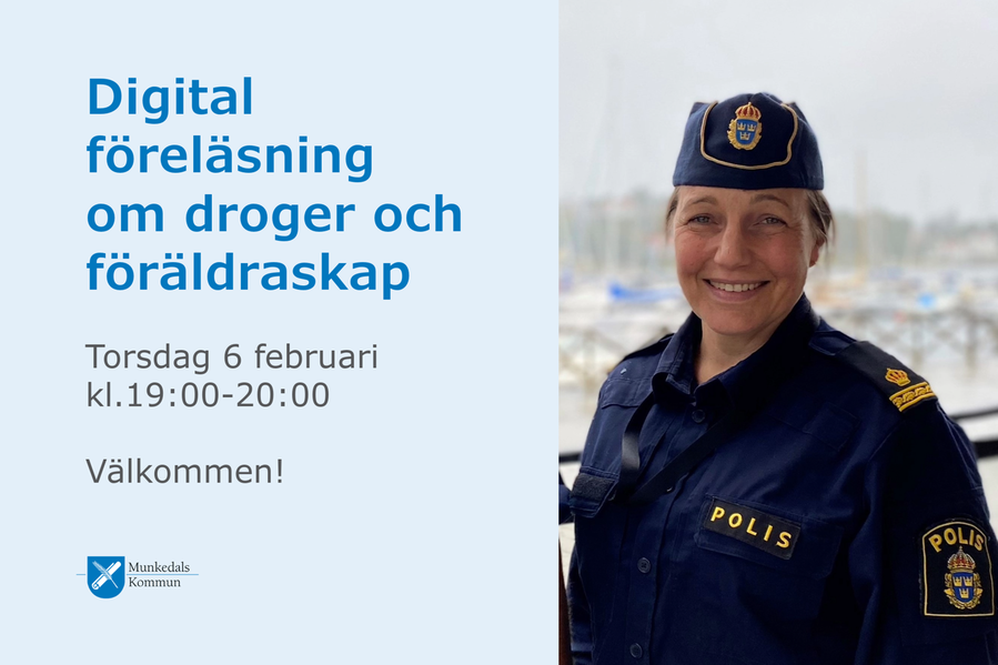 Digital föreläsning om droger och föräldraskap, dekorativ bild med text och foto på polis.