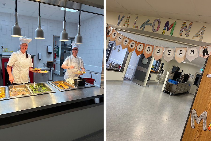 Serveringspersonal i ett skolkök samt skyltar med texten Välkomna och Nobeldagen.