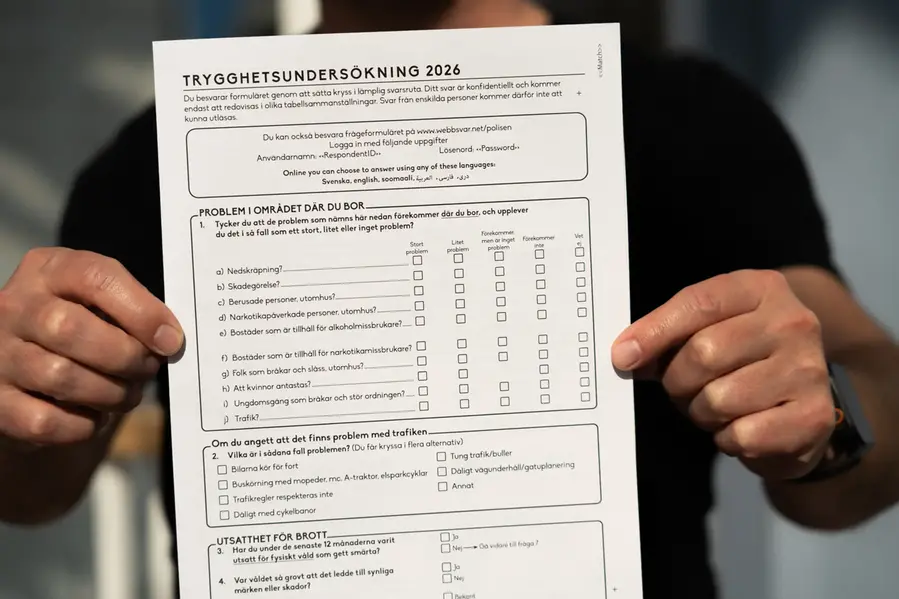 Två händer som håller i ett formulär med rubriken Trygghetsundersökning 2026