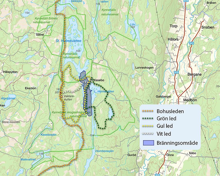 En karta som visar vilket område som ska naturbrännas och vilka leder som går igenom området.