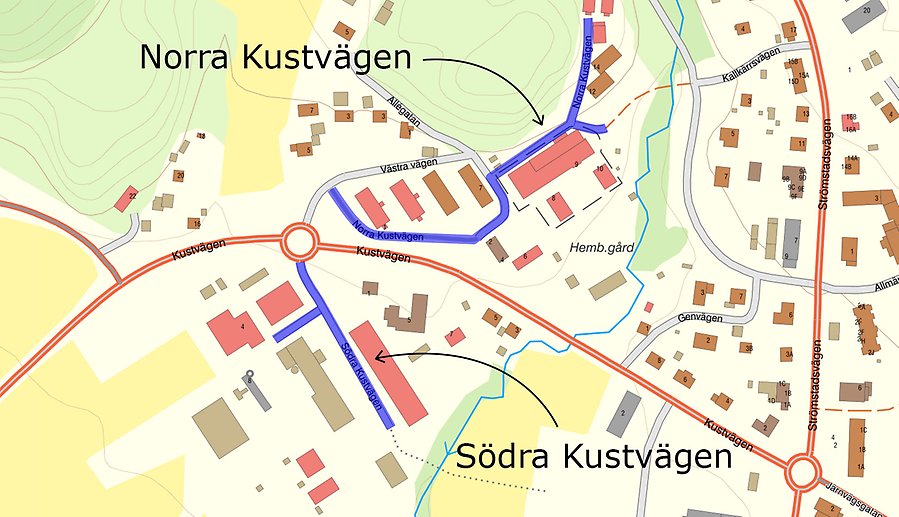 En karta där Norra kustvägen och Södra kustvägen är utmärkta med blåa linjer och pilar som pekar på gatorna.
