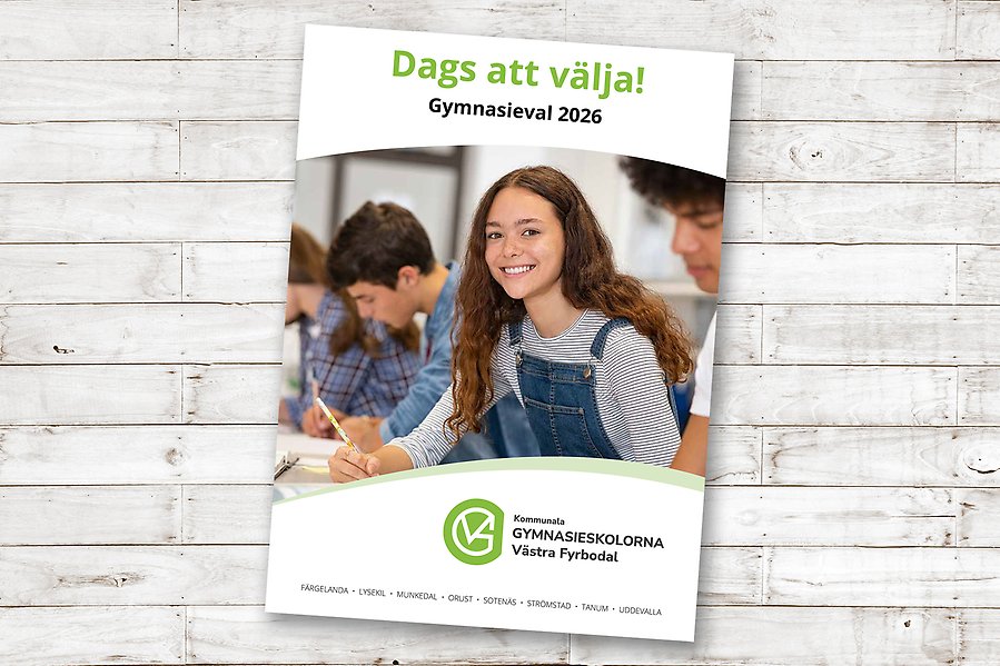 En bild på en gymnasiekatalog mot en grå bakgrund bestående av träplankor.