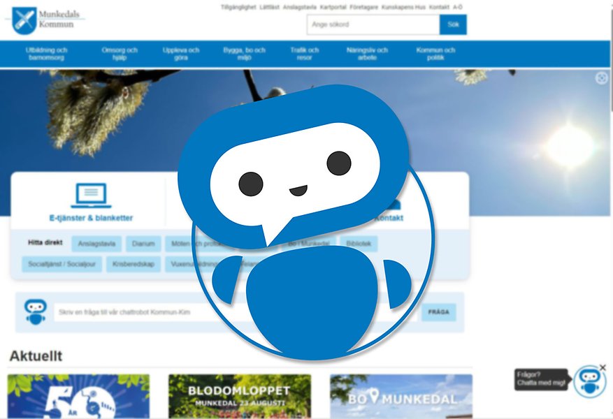 En illustrerad robot i blått och vitt som ser glad ut. I bakgrunden Munkedal kommuns hemsida. 