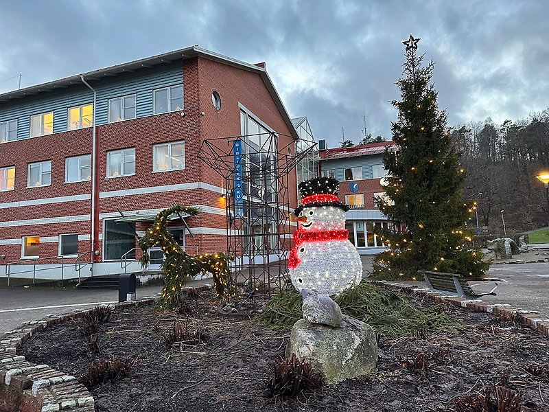 Juldekorationer i en rabatt. I bakgrunden en julgran och kommunhuset i Munkedal.