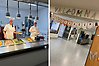 Serveringspersonal i ett skolkök samt skyltar med texten Välkomna och Nobeldagen.