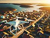 Drönare som flyger över ett samhälle (AI-bild)