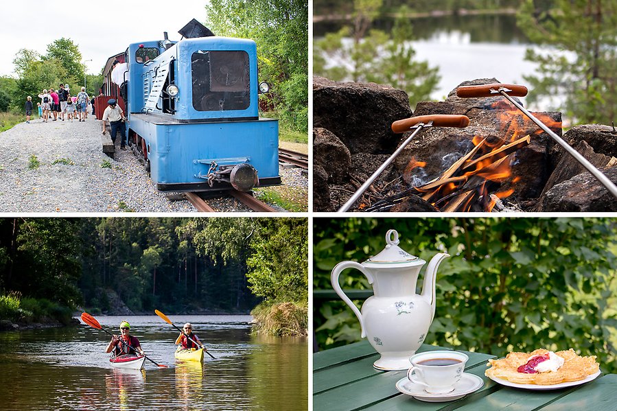 Bildcollage med museitåg, grillning, paddling och våfflor