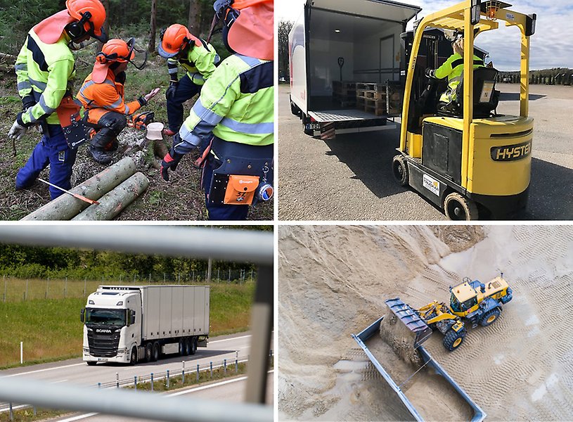 Bildcollage med avverkning, truckkörning, lastbil på väg och en hjullastare