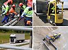 Bildcollage med avverkning, truckkörning, lastbil på väg och en hjullastare