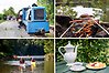 Bildcollage med museitåg, grillning, paddling och våfflor