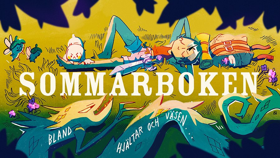 Illustration av en ung person som ligger och sover i en glänta. Personen har ett svärd och en ryggsäck med sig. Text: Sommarboken - bland hjältar och väsen. 