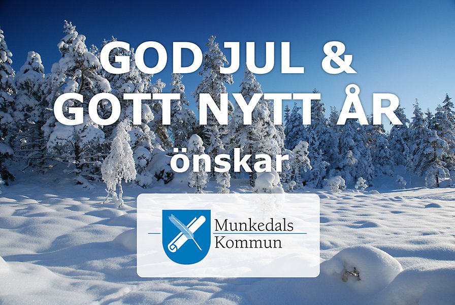Bild på vinterlandskap med texten God Jul & Gott Nytt År